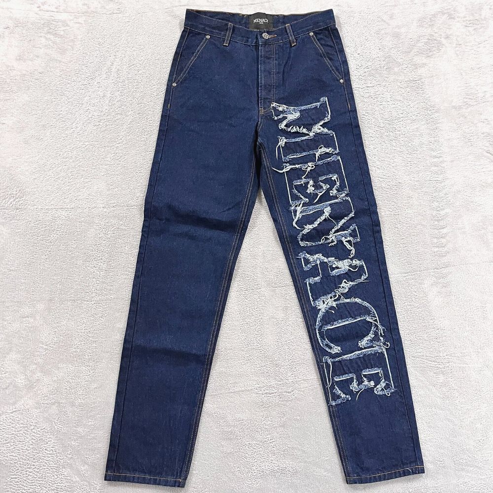 Menace‎ Jeans Men's 29x32* Embroidered Button Fly Logo Slim Straight Dark Blue